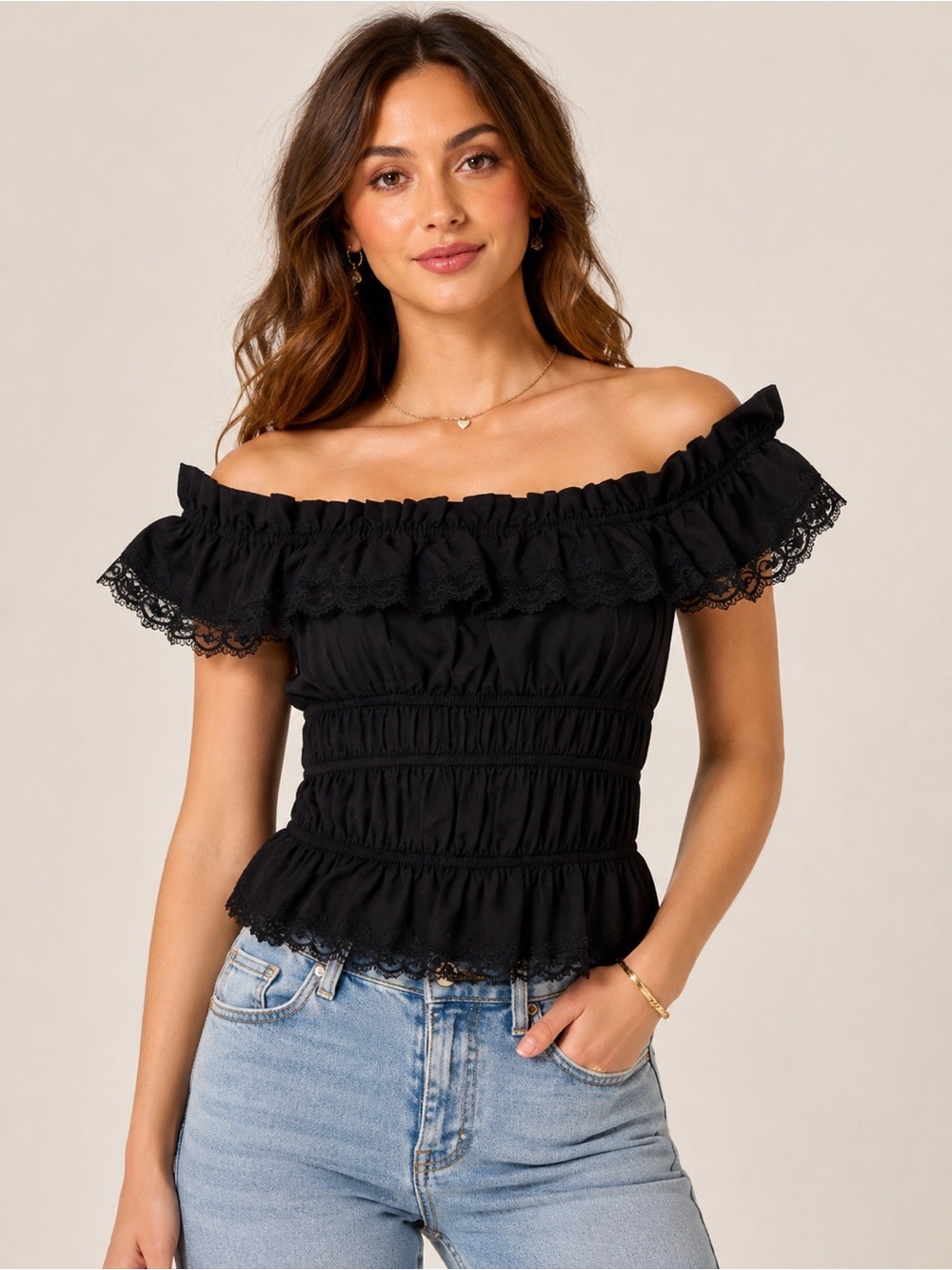 Betsey Johnson Vintage Y2K Black Lace Off Shoulder Ruched Top Sz 2 NWT Rare - Picture 2 of 8